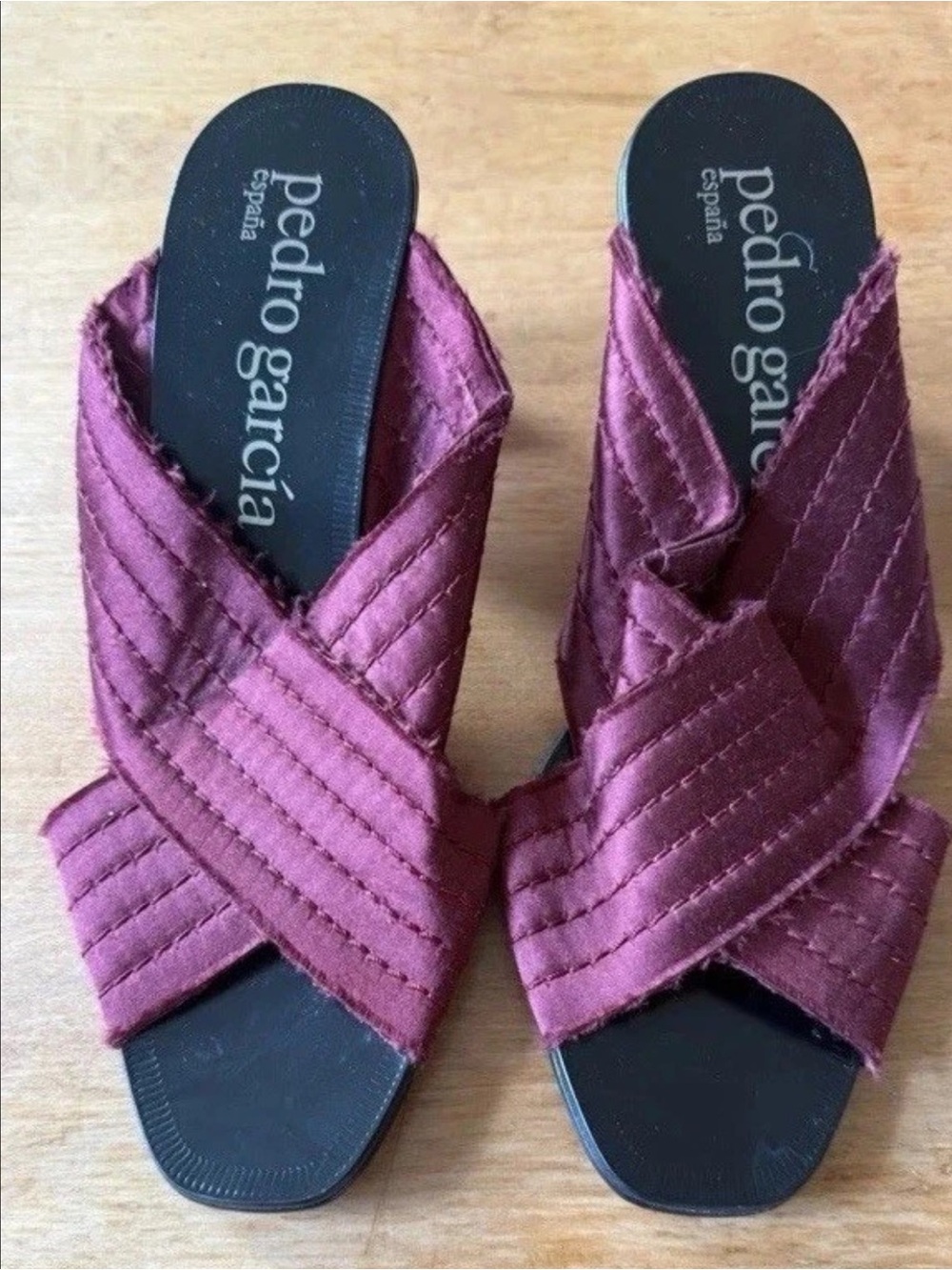 Pedro Garcia XAIL Satin Mule Sandal Oxblood Magenta 9.5 Open Toe High Block Heel